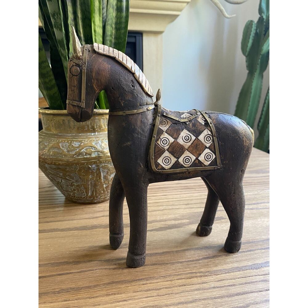 Vintage Primitive Hand Carved Wooden Horse Brass Inlay Details Wood Horse